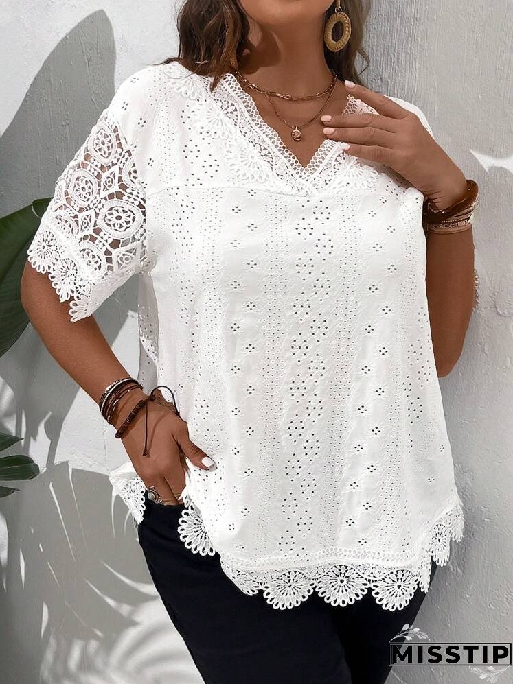 Plus Size Solid Color V-Neck Hollow Embroidery Elegant Short Sleeve Shirt, Summer