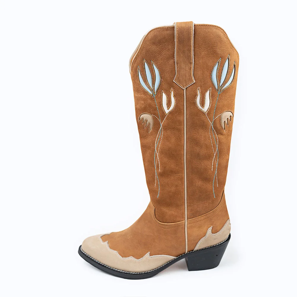 Beige & Brown Closed Toe Patchwork Cowgirl Boots with Flower Inlay