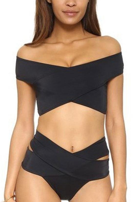 Black High Waist Wrap Bandage Off Shoulder Bikini Swimsuit-elleschic