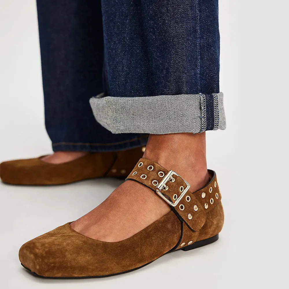 Square Toe Flat Wide Strap Grommet Buckle Mary Jane Shoes in Brown