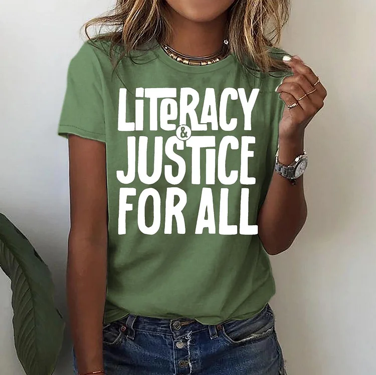 Literacy and Justice For All Round Neck T-shirt-018343-Annaletters
