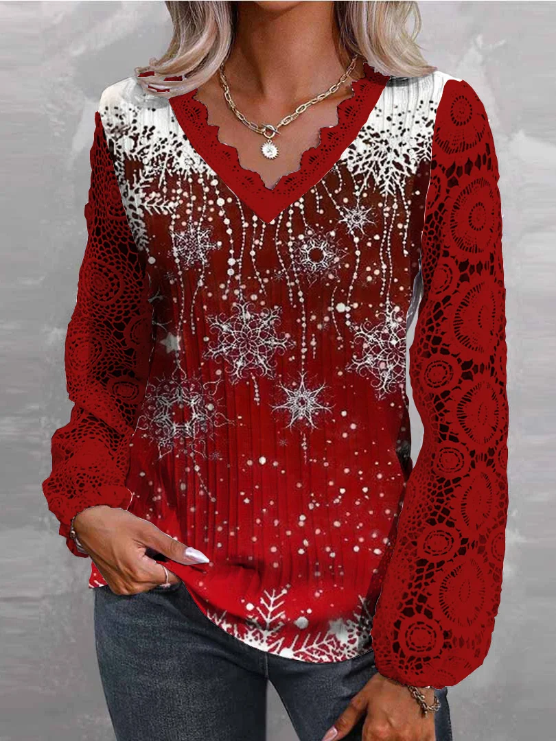Wholesale plus size clothing  Women Long Sleeve V-neck Graphic Printed Stitching Lace Christmas Tops