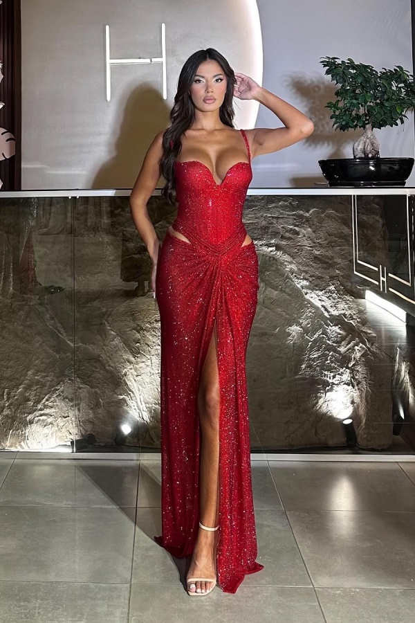 Gorgeous Red Split Sequins Spaghetti-Straps Prom Dress | ZT0525