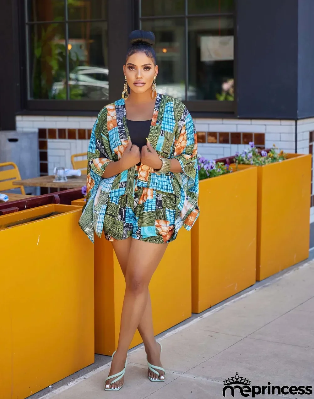 Women Fall Print Bat Sleeves Top + Shorts Two-Piece Set