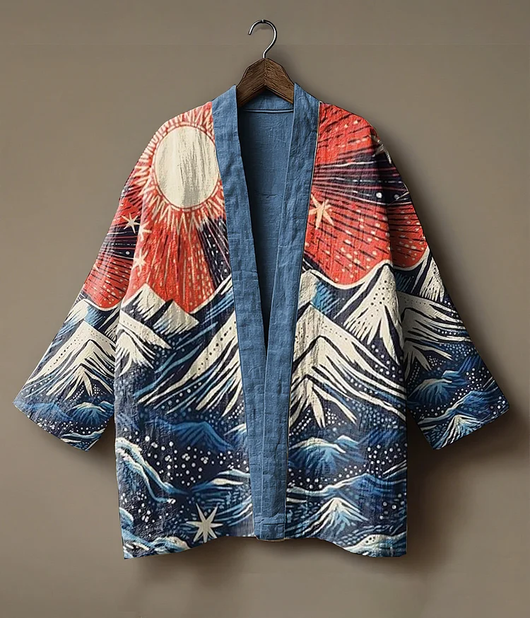Sunrise-themed landscape printed linen andoupe cardigan