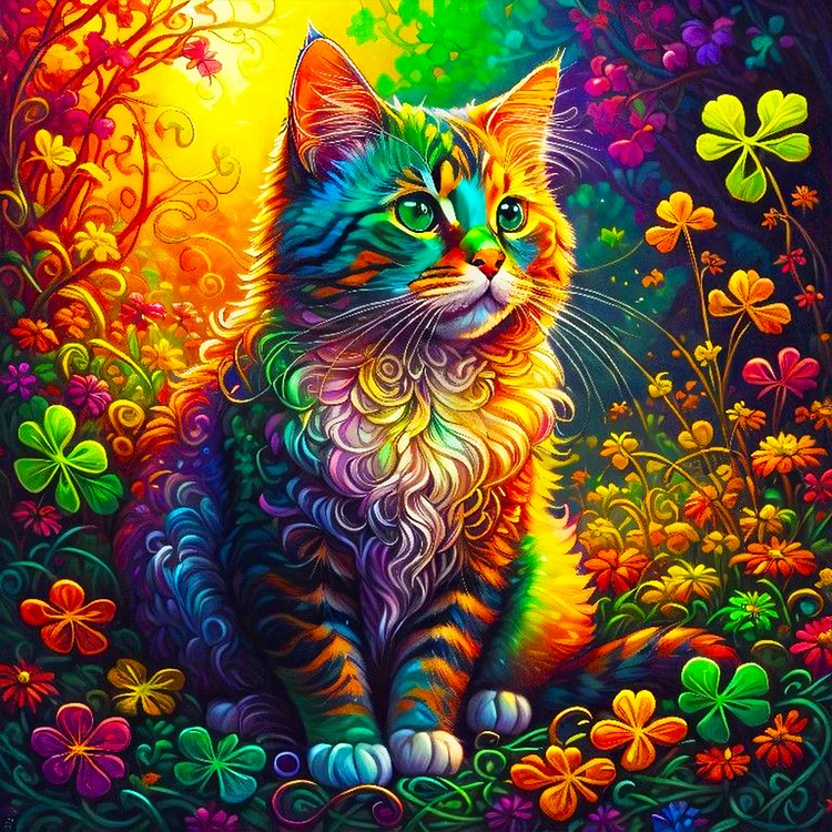 Colorful Cat Sitting Among Four-Leaf Clovers 40*40CM(Canvas) Full Round Drill Diamond Painting gbfke