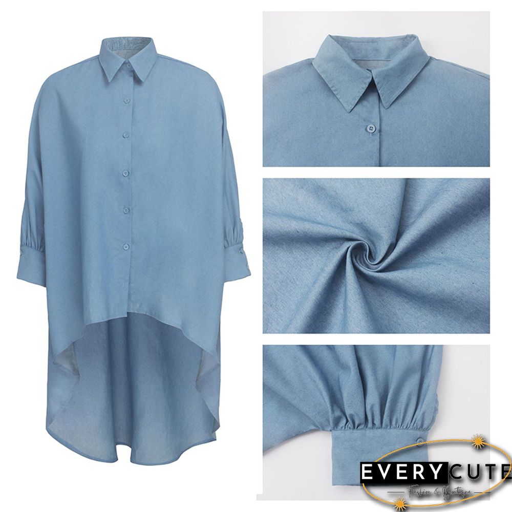 Light Blue Button Down Long Style Loose Top
