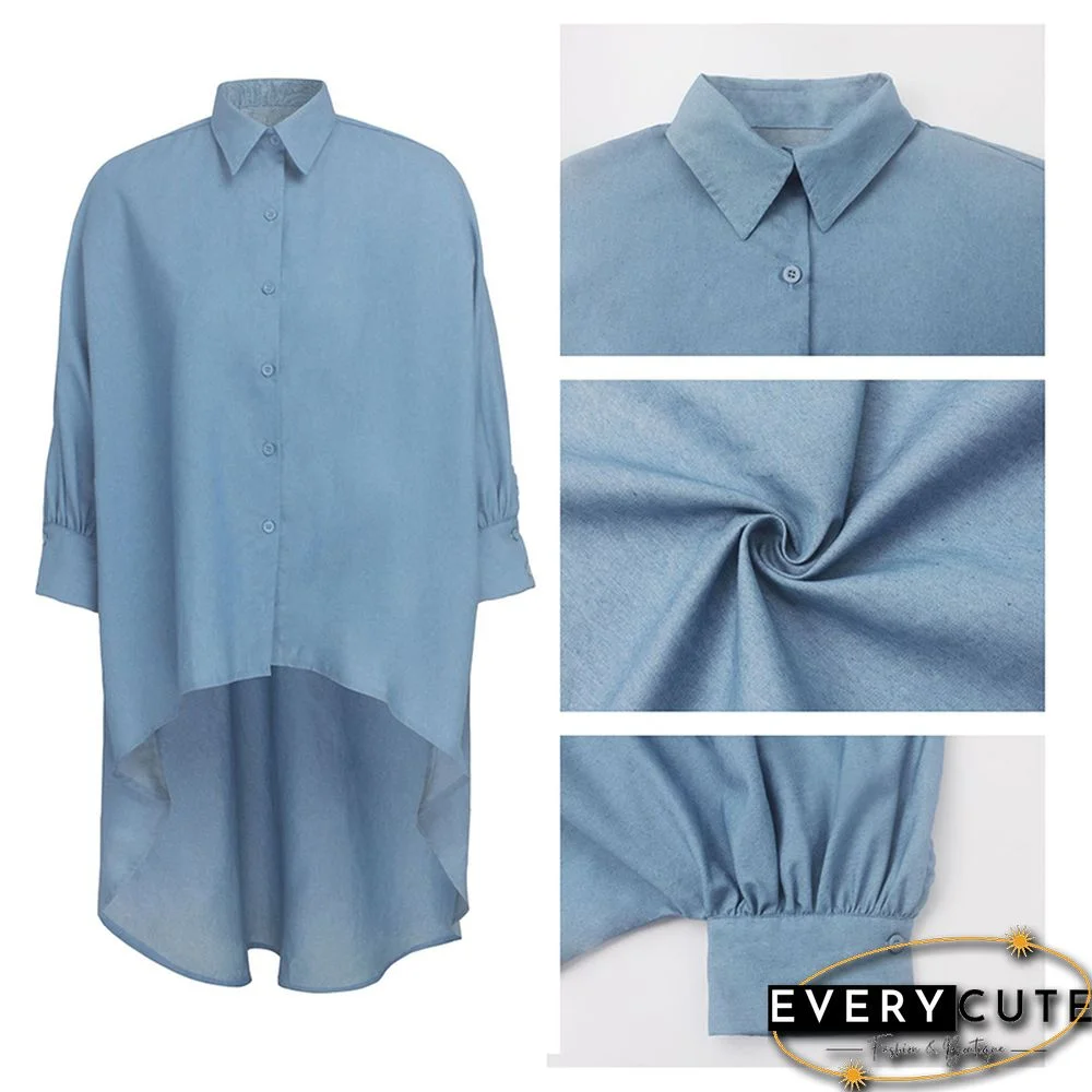 Light Blue Button Down Long Style Loose Top