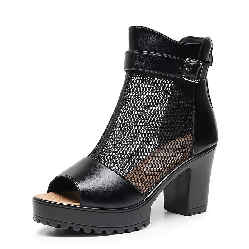 Breakj Breakj Mouth Net Sandals Women Summer High Heel Waterproof Table Zipper Mesh Shoes Fashion Women's Hollow Breathable Cool Boots