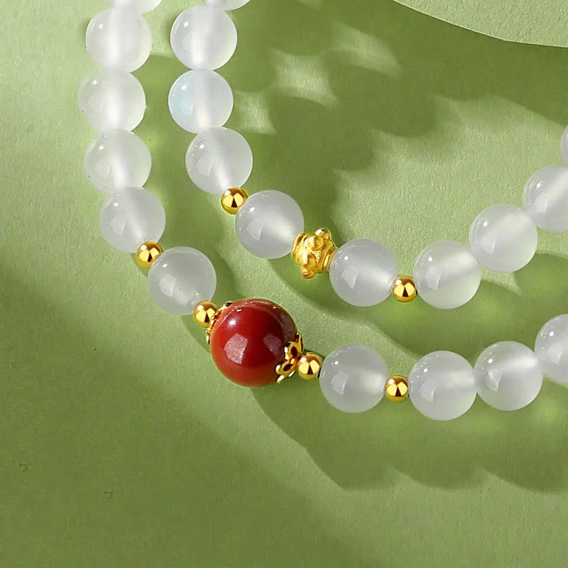 925 Sterling Silver Natural White Agate Cinnabar Double Wrap Protection Bracelet