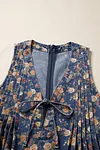 Women's Blue Retro Design Floral Print Bow Tie Pleated Loose Denim Romper