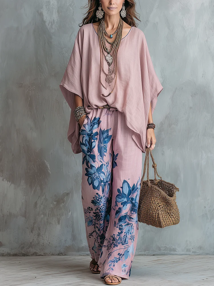 Pink Batwing Sleeve Top And Blue Floral Wide-leg Pants