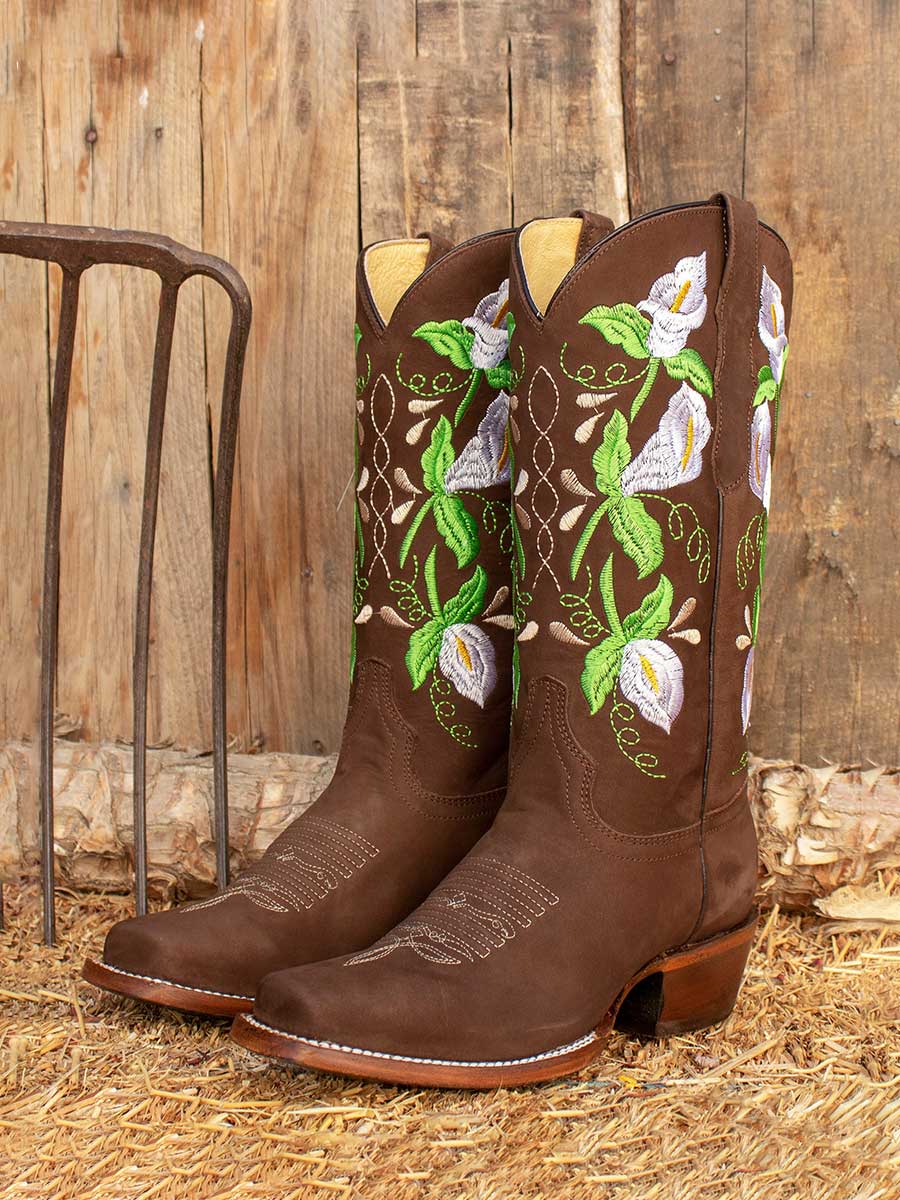 Brown Faux Suede Square Toe Floral Embroidered Western Boots for Women