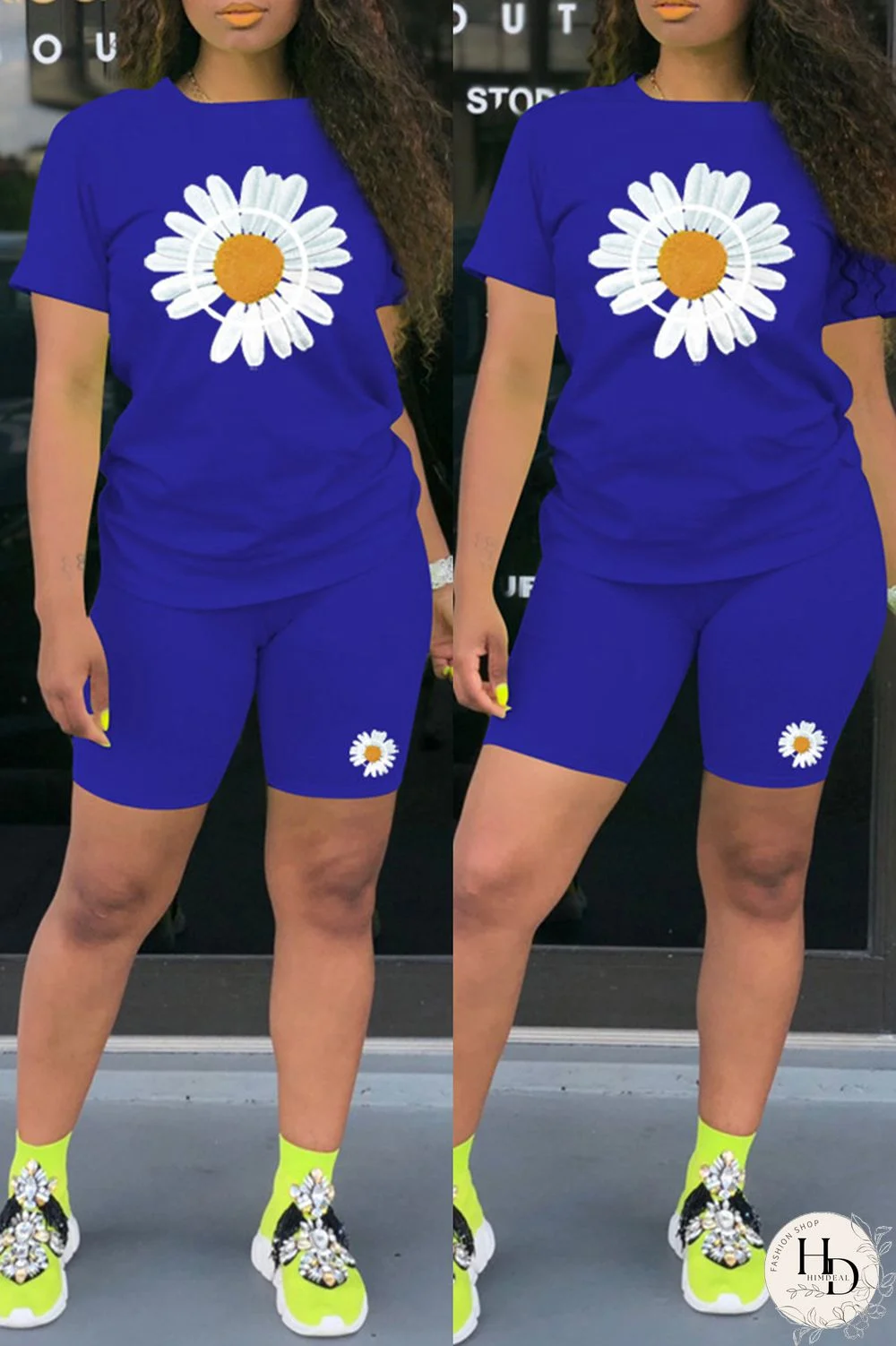 Black Fashion Casual Print Basic O Neck Short Sleeve Two Pieces