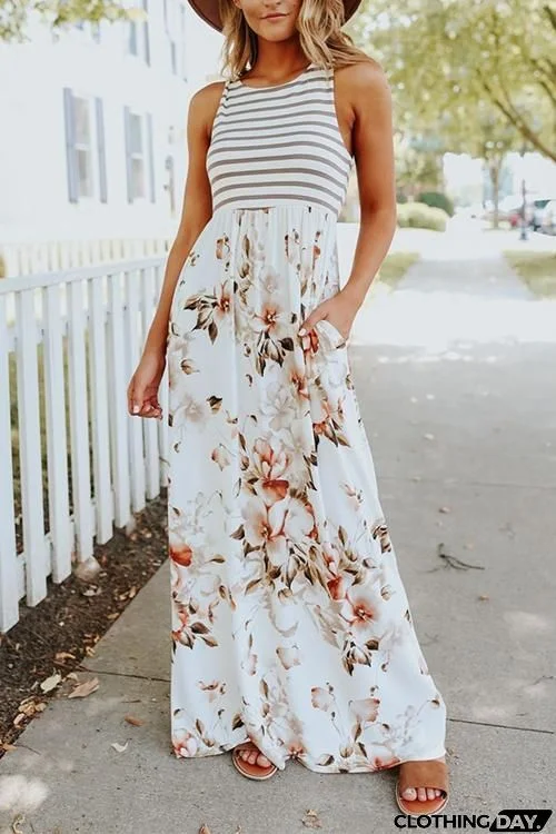 Floral Print Pocket Sleeveless Maxi Dress