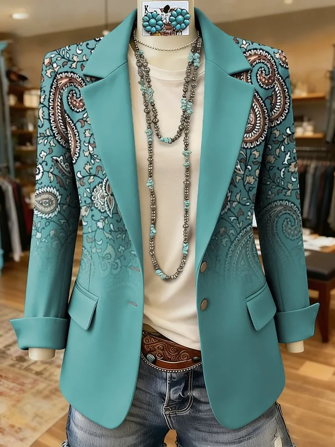 Women's Casual Retro Paisley Print Blazer 