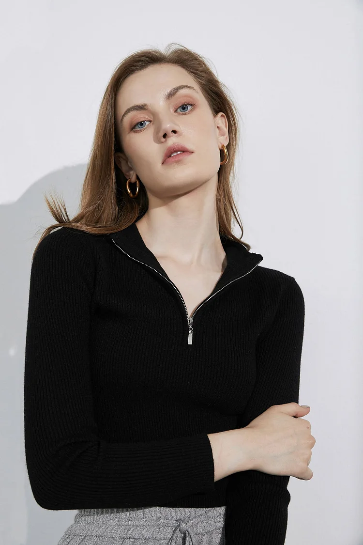 Basic Black Zip-Up Sweater QueenFunky