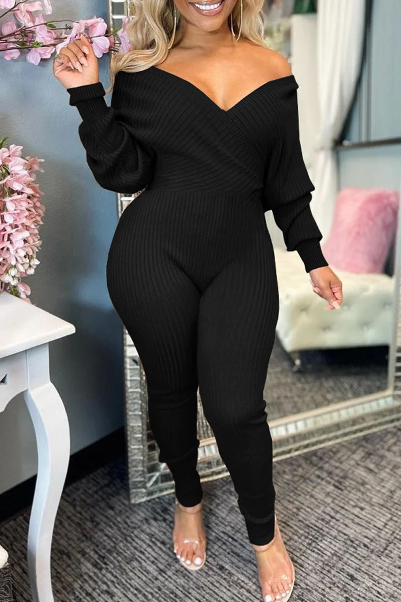 Fashion Casual Solid Split Joint V Neck Regular Jumpsuits