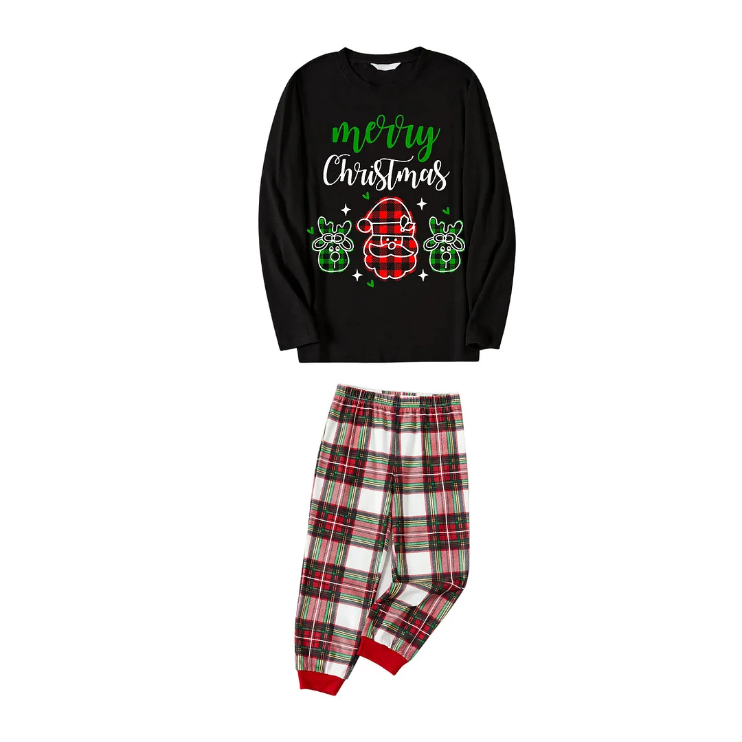 Santa Moose Cute Cartoon Pattern "Merry Christmas" Letter Prints Black Long Sleeves Top with Green& Yellow& Red plaid pants Family Matching Pajamas