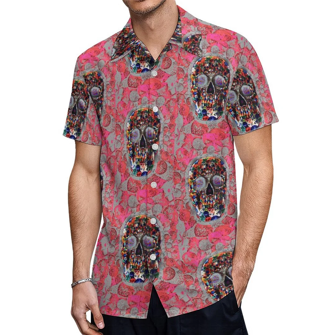 Day Of The Dead Colorful Sugar Skulls Pink Balloons Hawaiian Shirt Mens Button Down Plus Size Tropical Hawaii Beach Shirts