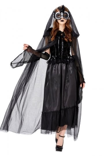 Deluxe Black Gothic Bride Adult Costume With Cloak-elleschic