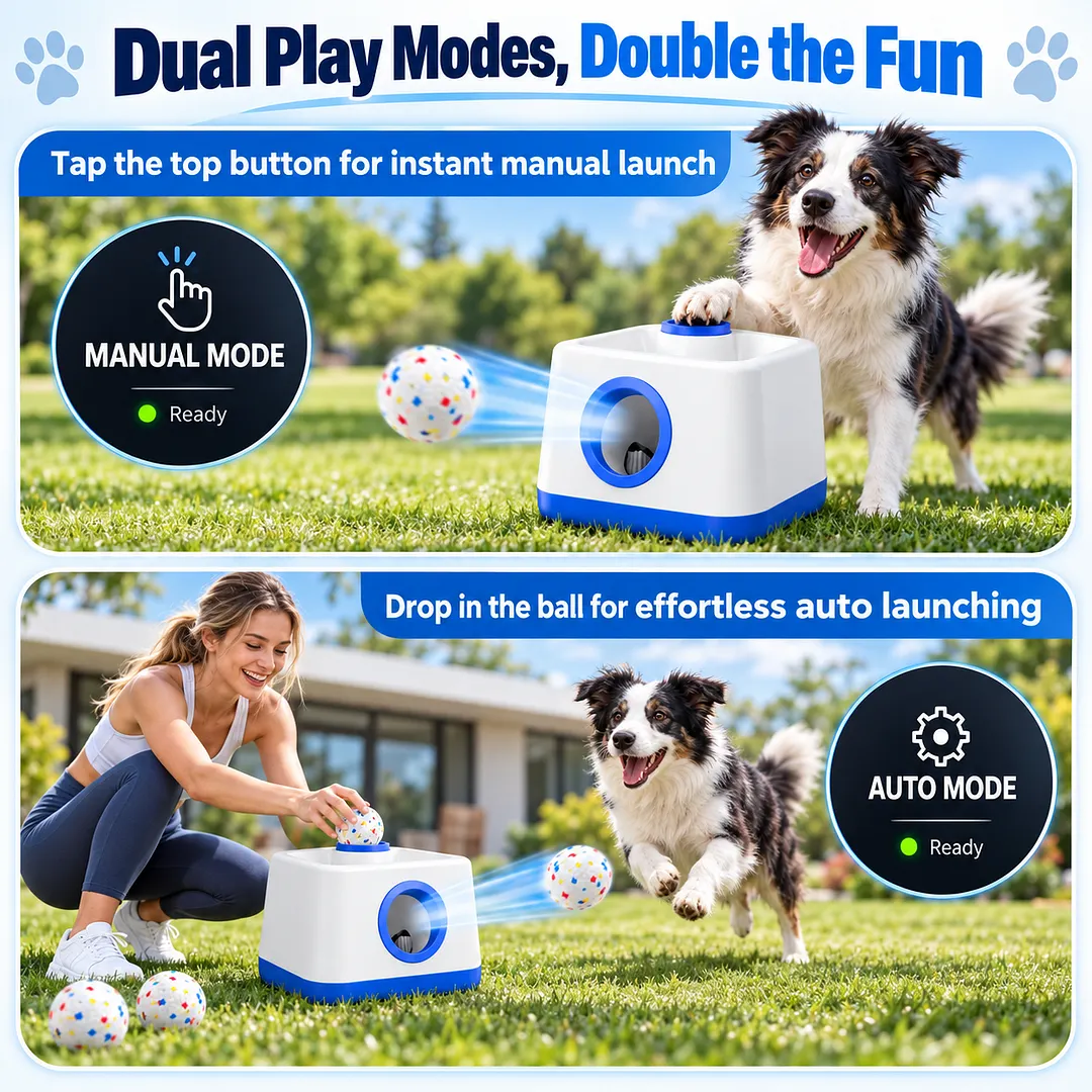 BEBANG Automatic Dog Ball Launcher, 2-in-1 Auto & Manual Modes, Rechargeable Fetch Machine, 20/30/40ft Adjustable Distances & Random Mode, 58mm Etpu Balls for Indoor Outdoor Play