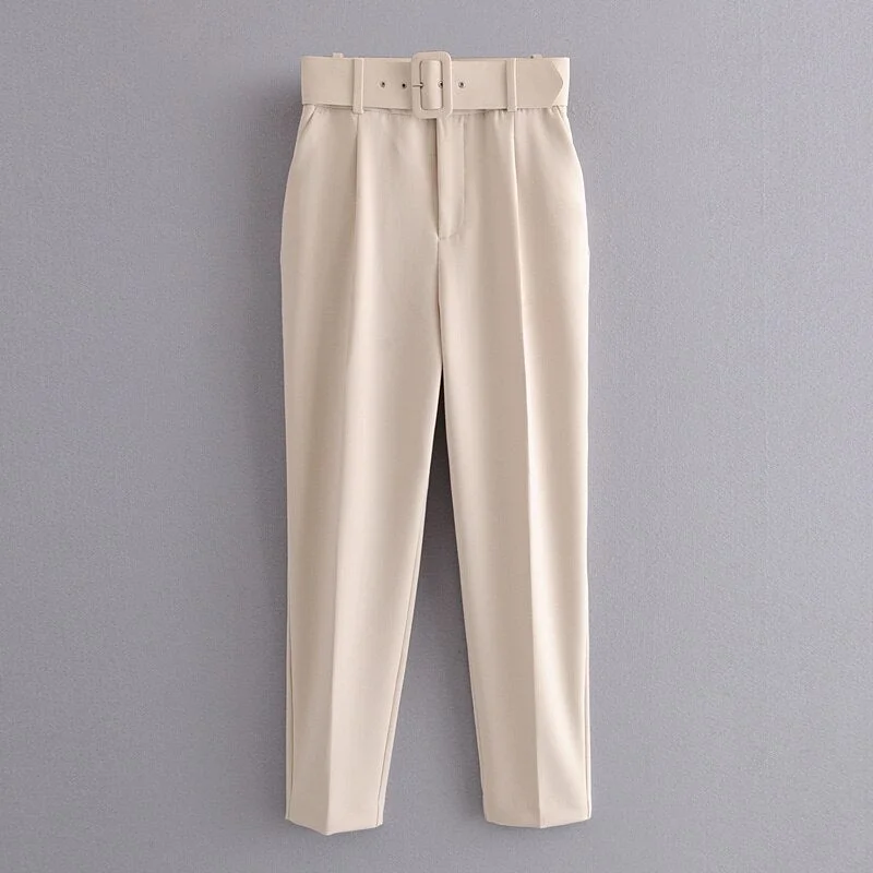 Women Fashion 5 Colors Long ZA Straight Pants Autumn 2019 Female Khaki High Waist With Belt Casual Solid Cotton Trousers