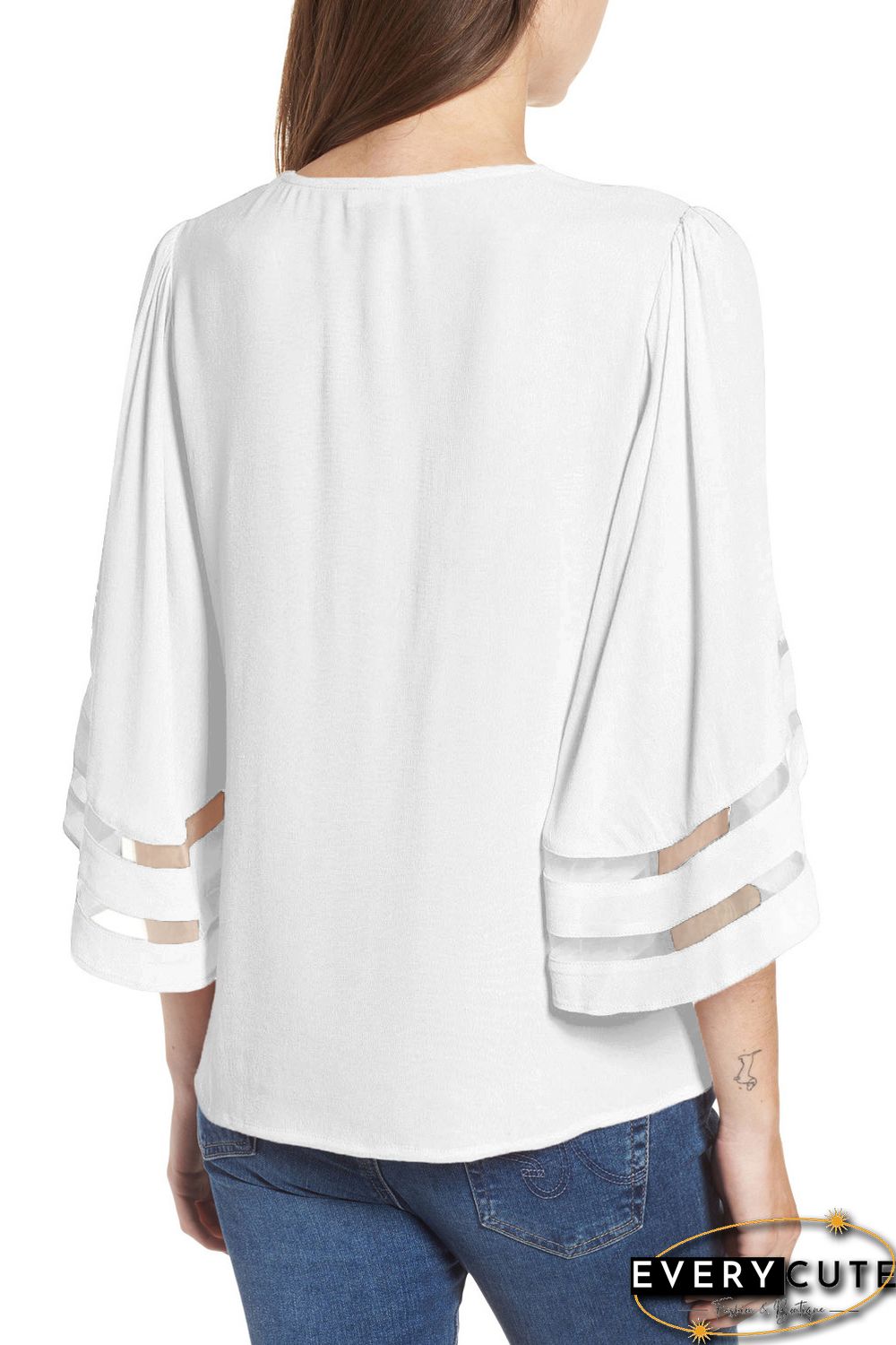 White Criss Cross Neck 3/4 Bell Sleeve Blouse
