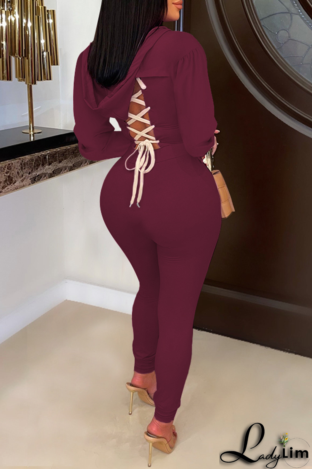 Black Casual Solid Draw String O Neck Long Sleeve Two Pieces