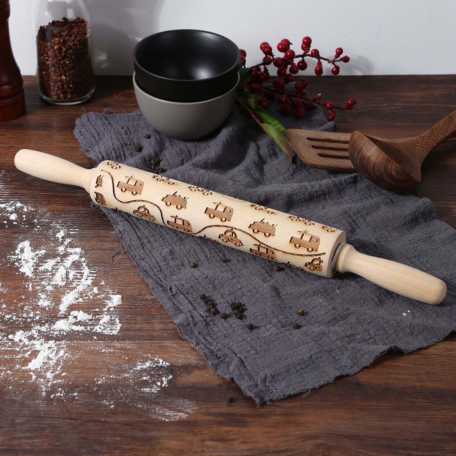 

Christmas Embossed Rolling Pin Wooden Engraved Car DIY Tools for Baking, 430mm, 501 Original