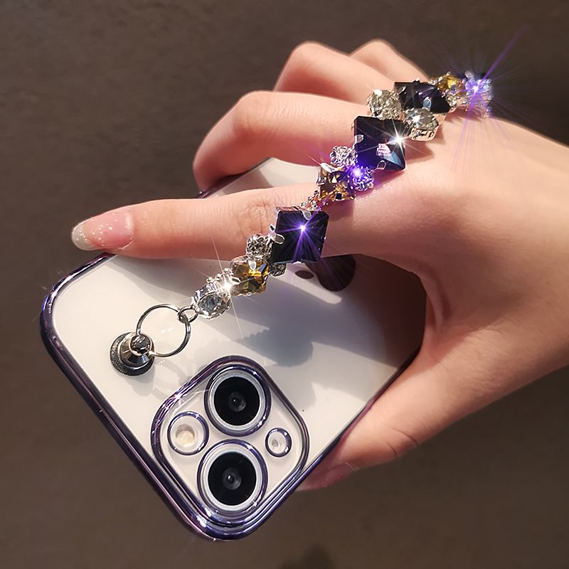 2022 New Luxury Bling Diamond Crystal Wrist Chain Transparent Soft Case for iPhone