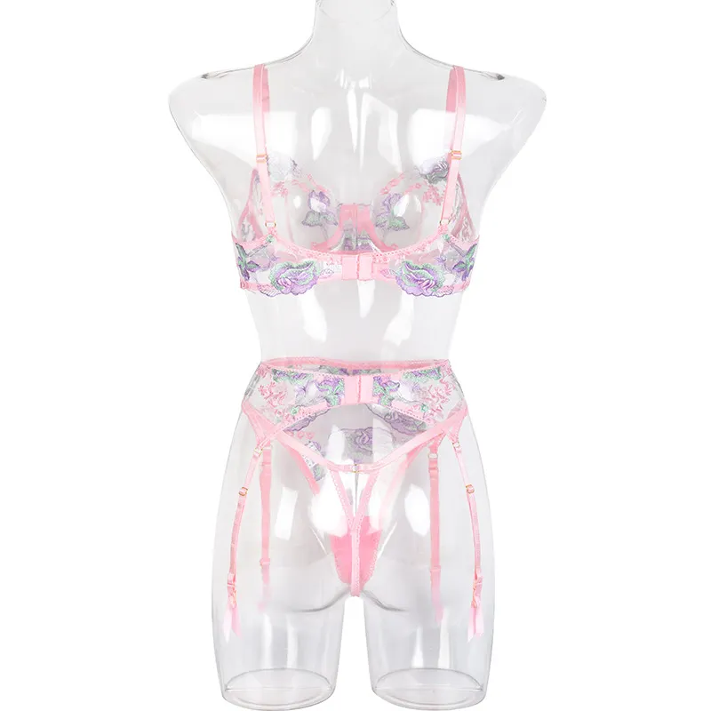 Billionm Pink Floral Lingerie Set Women Underwear Lace Transparent Bra Panties Sexy Push Up Bras Fancy Ladies Embroider Costumes for Sex