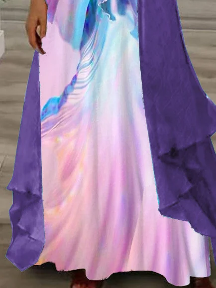 Women's Long Sleeve V-neck Colorblock Graphic Printed Two Pieces Maxi Dress