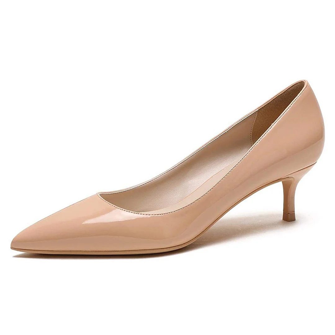 Nude Patent Leather Pointed Toe Formal Pumps with Kitten Heel    