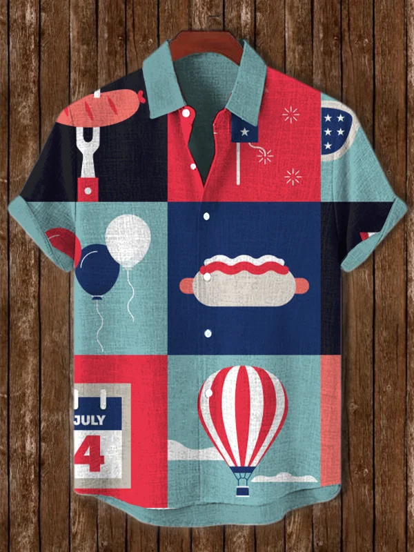 Men's July 4 Stars Stripes Balloon Colorblock Print Short Sleeve Shirt