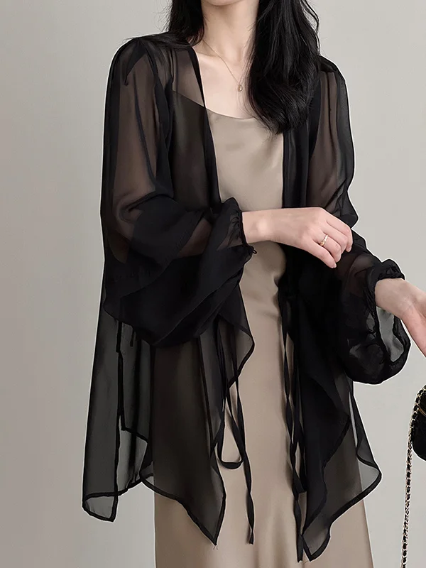Bishop Sleeve Long Sleeves See-Through Split-Joint Tied Collarless Blouses&Shirts Tops