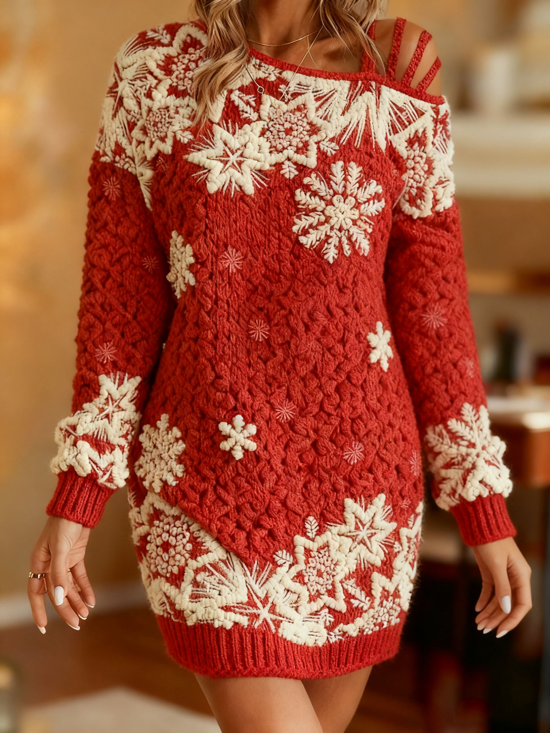 Women's Cold-Shoulder Snowflake Knitted Christmas Dress-1015