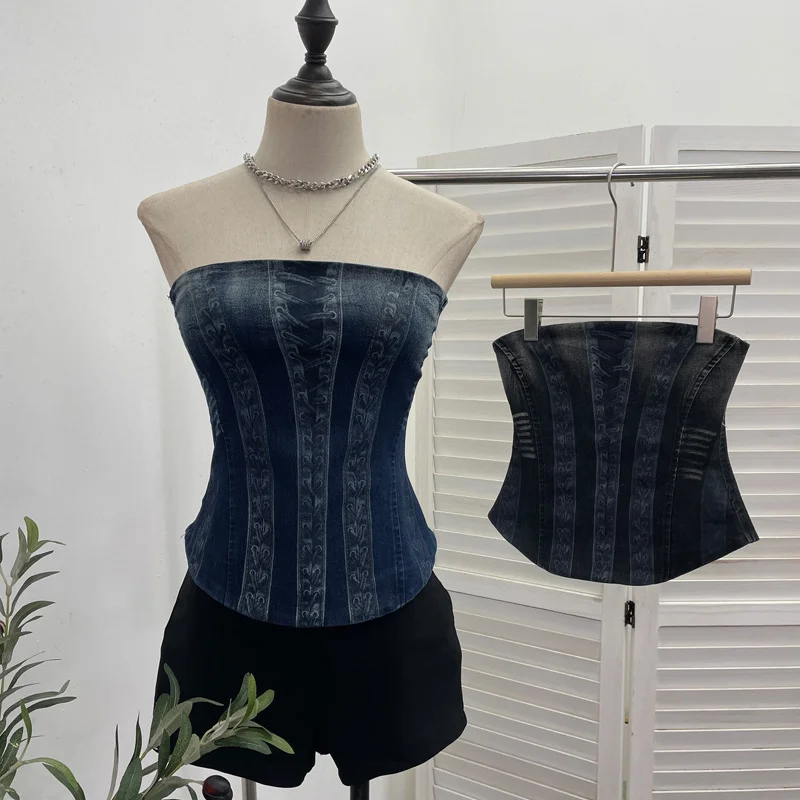 Churchf Vintage Denim Print Strap-On Corset Tsets Tsets Tsets Tsets Sleeveless Short Tops