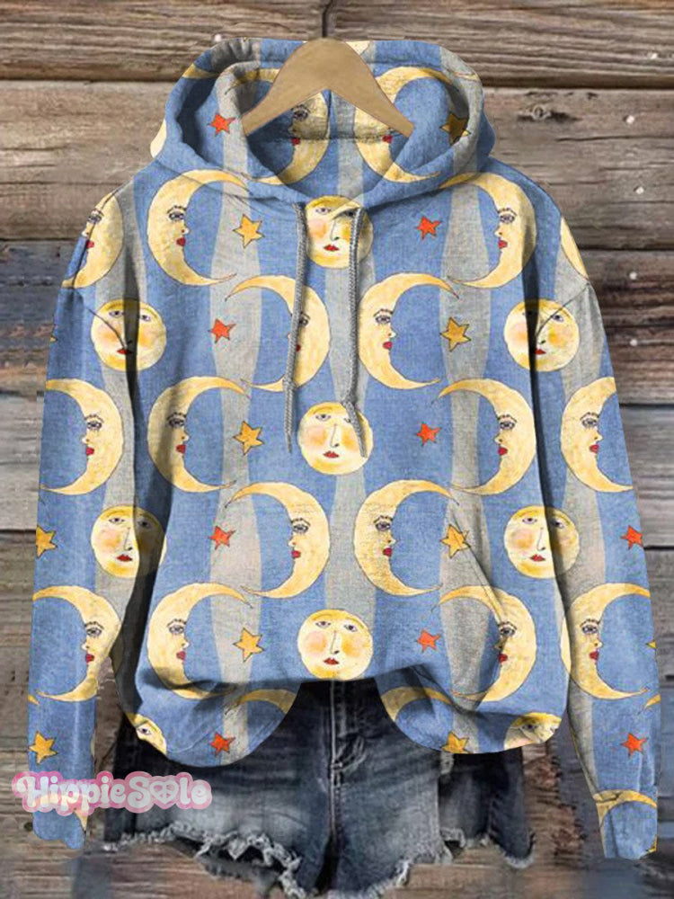 Striped Stars And Moon Art Print Casual Hoodie Multicolor / S