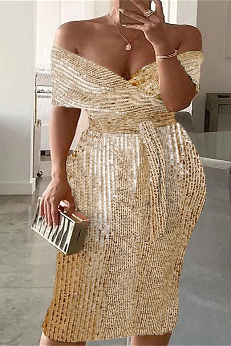 Plus Size Formal Elegant Sequin Off The Shoulder Midi Dresses