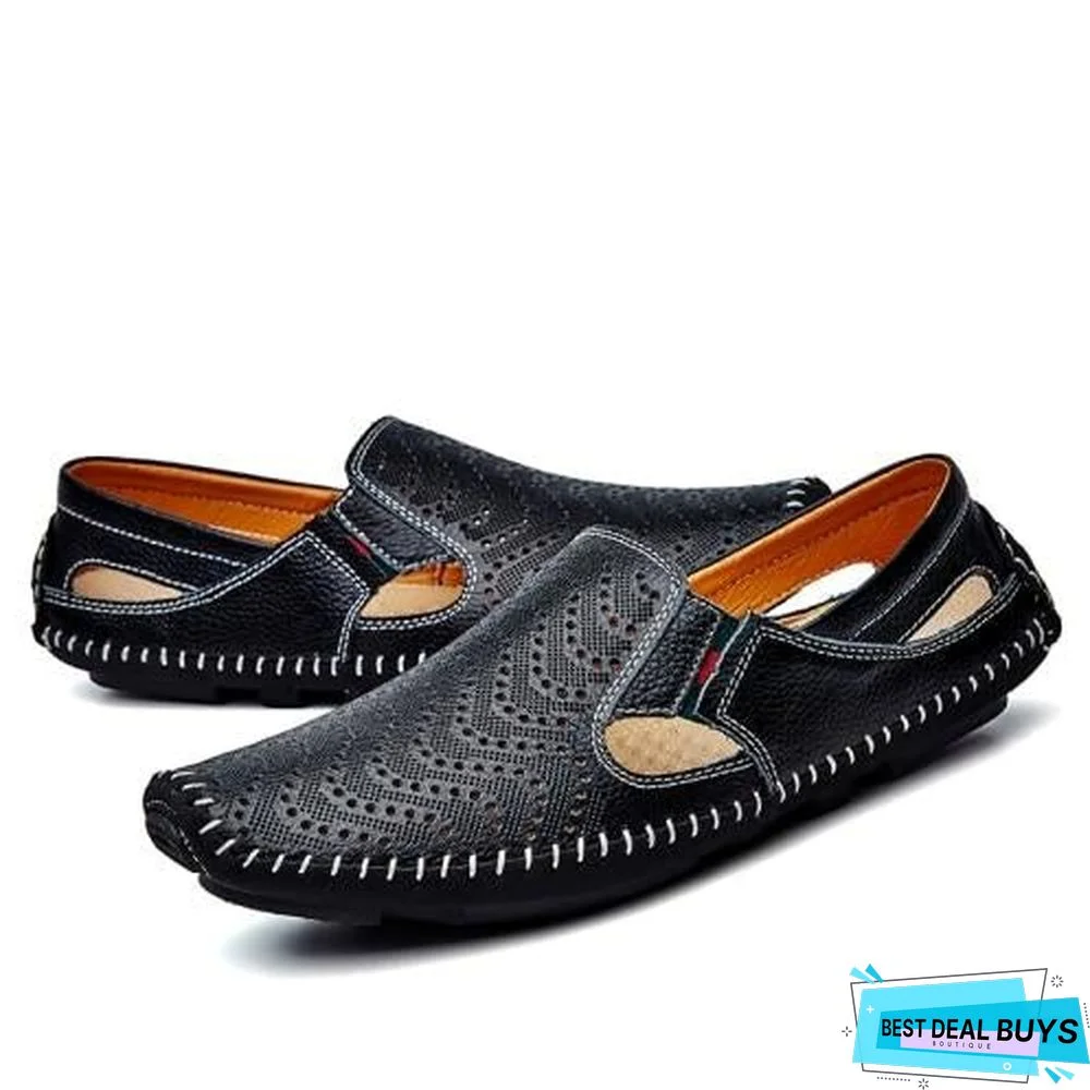 Men Leather Plus Size Sandals Casual Slip-On Summer Beach Shoes