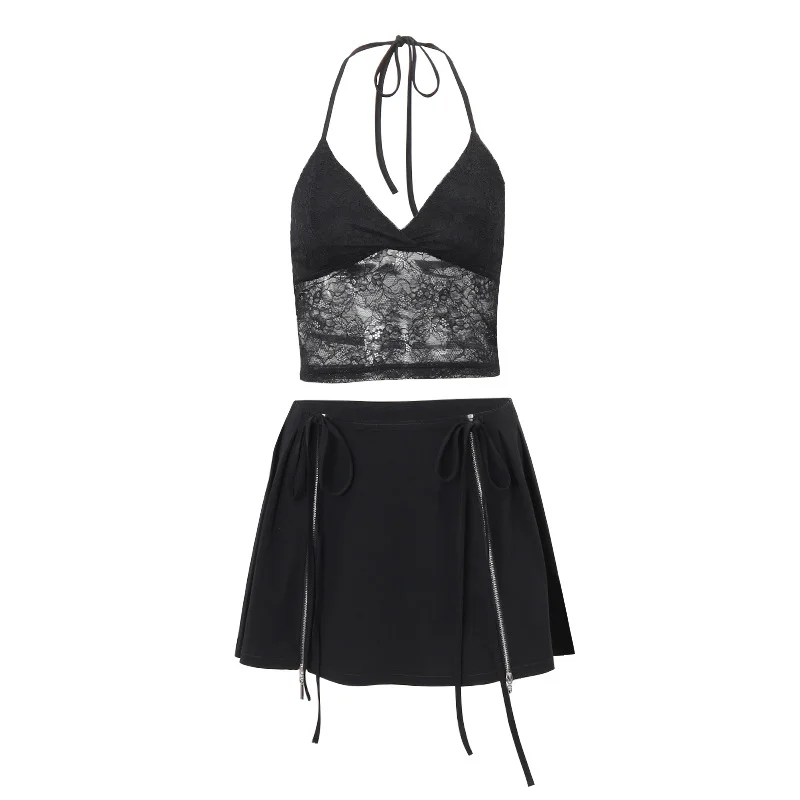 Brownm Brownm Ins Women's Spring 2024 New Sexy Lace Mesh Pure Desire Sling Top A Line Skirt Suit