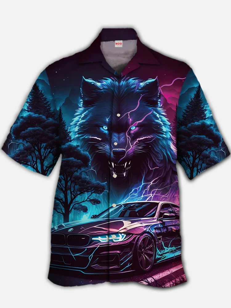 Eye-Catching Cool Neon Lightning Wild Black Wolf And Car Printing Cuban Collar Hawaiian Short Sleeve Shirt BestDVibe