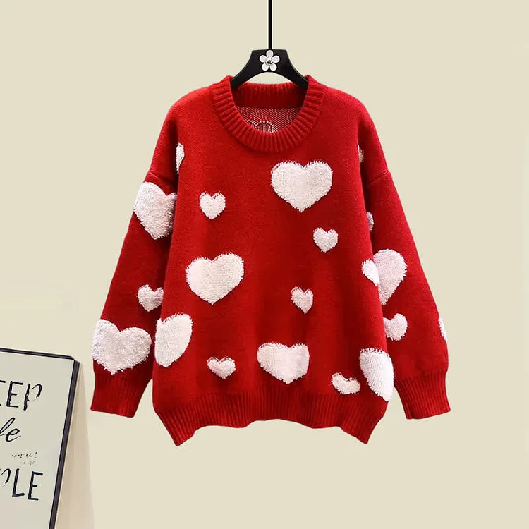 Love Heart Pattern Sweater Knit Slip Dress Two Pieces Set - Modakawa modakawa