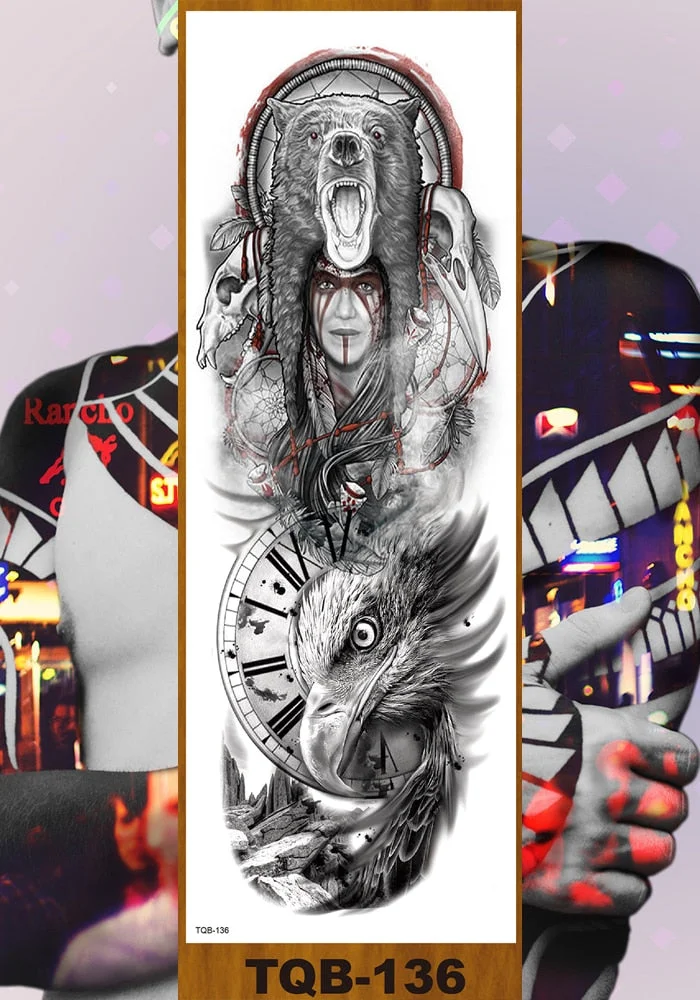 Full Flower Arm Temporary Tattoo Sticker Man Woman Body Leg Art Fake Tatoo Beauty & Snake Bear Owl Fox Mermaid Egypt Queen Sexy