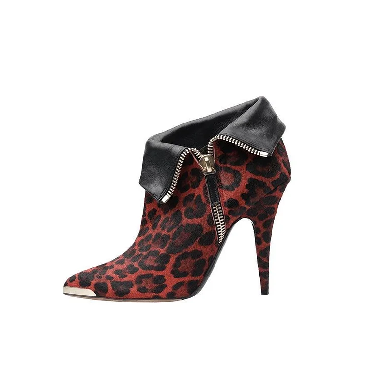 Brick Red Fold Over Stiletto Heel Leopard Print Ankle Boots |FSJ Shoes