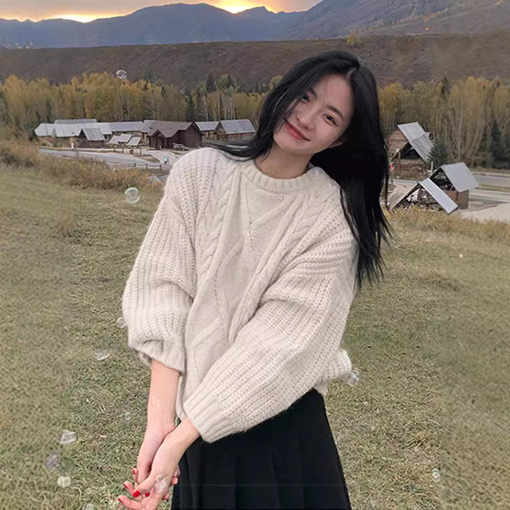 fall outfits women Japanese Style Thickened Autumn and Winter Twist round Neck Loose Undershirt Pullover Sweater Lazy Style Long Sleeve Sweater