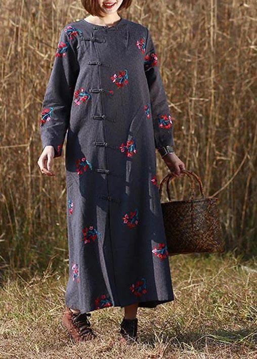Style Gray Embroidery Tunic O Neck Chinese Button Maxi Spring Dress