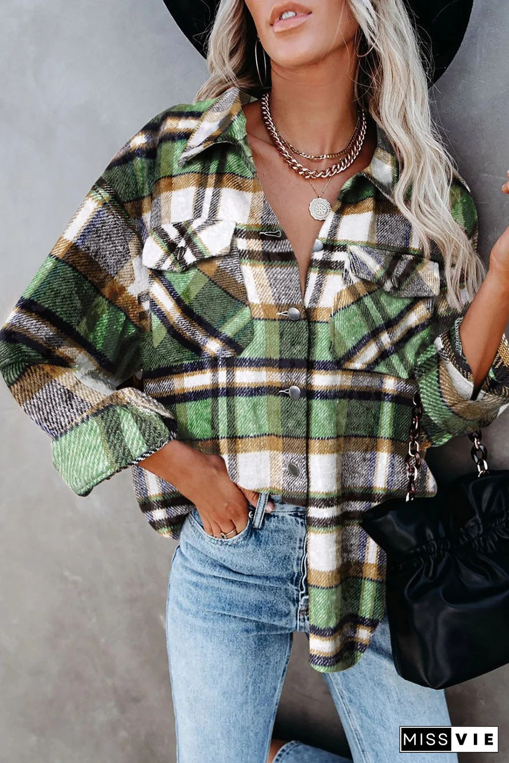 Geometric Plaid Print Pocketed Shirt