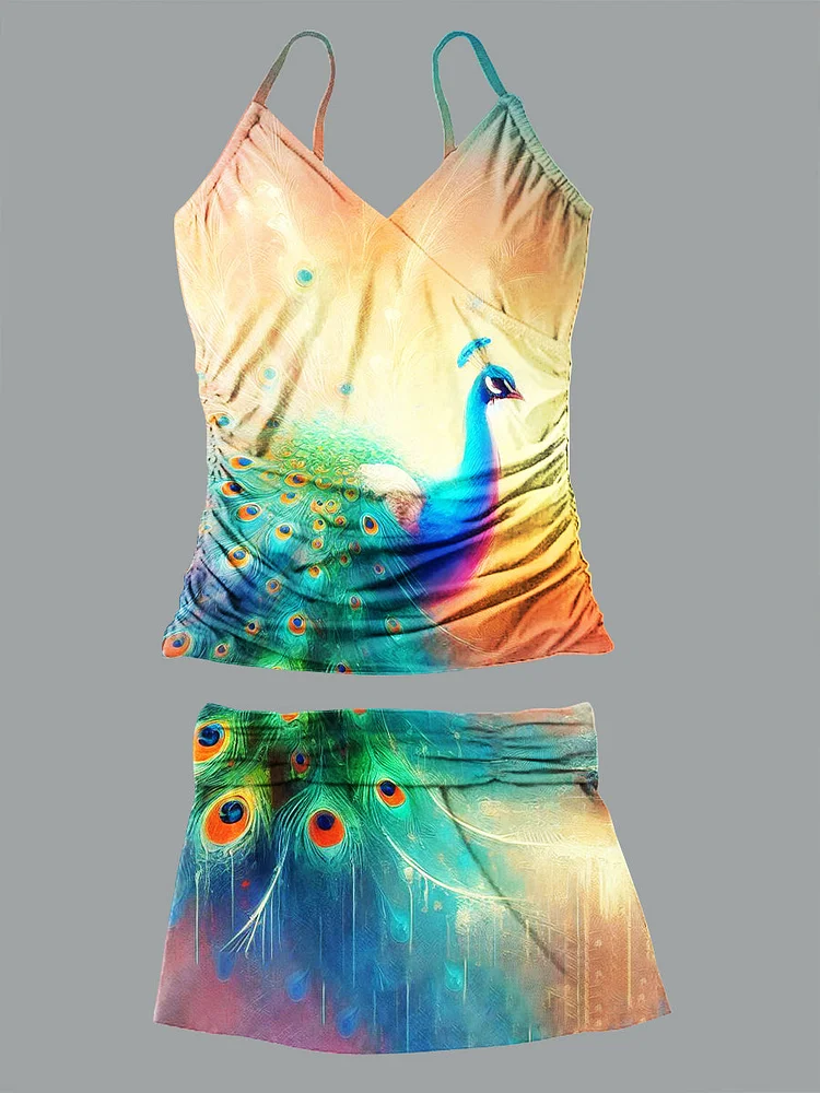 Peacock Art Print Slip Bikini V Neck Set Swimsuit